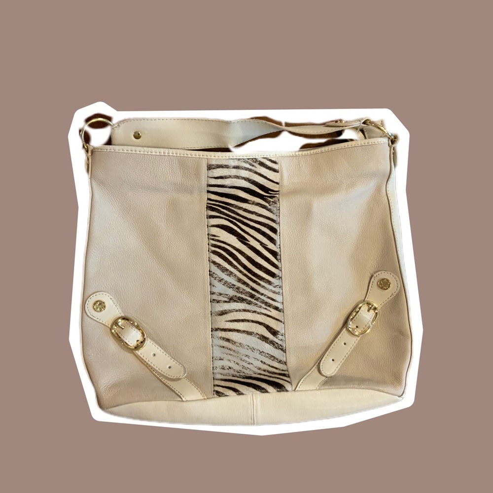 Emma fox leather and fur shoulder bag, zebra first stripe on front cream colored